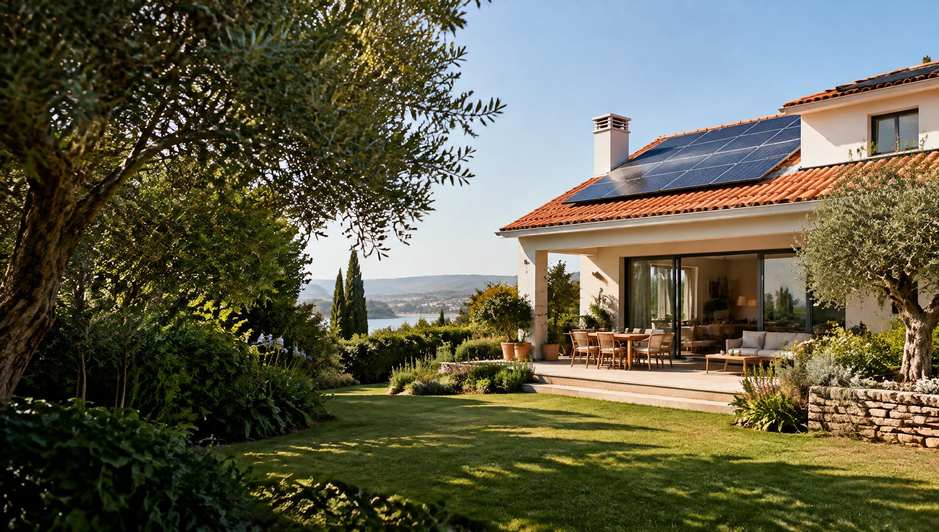Casa portuguesa com painéis solares e jardim